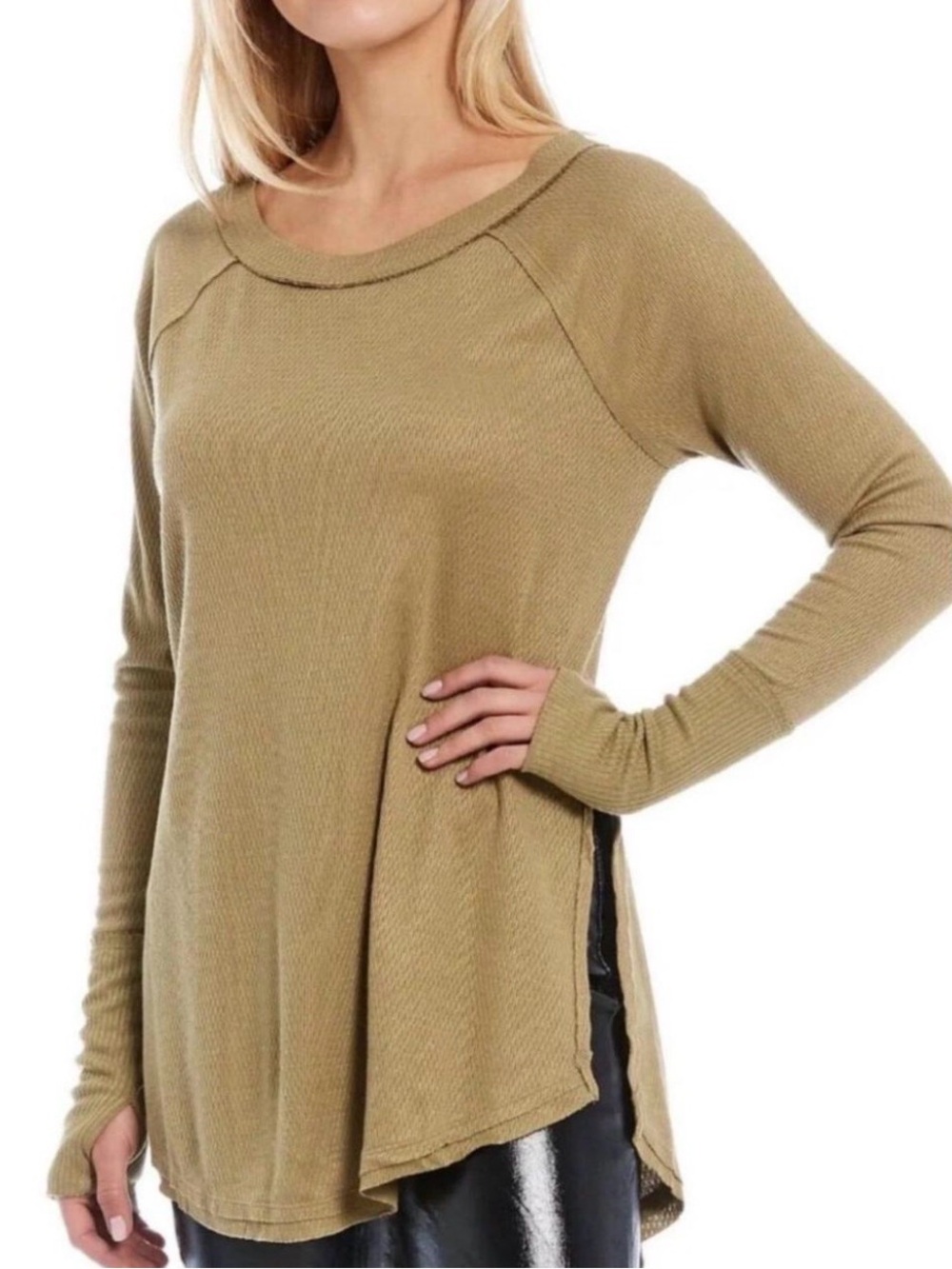 Free People We The Free Snowy Thermal Tunic Tan Size S Waffle Knit Top